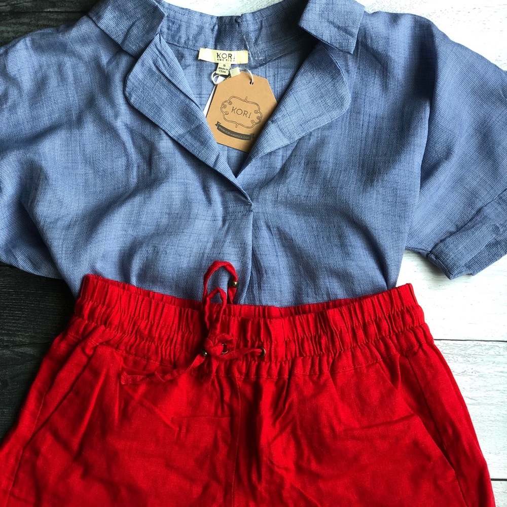 New Red Linen Drawstring Shorts - Picture 4 of 4